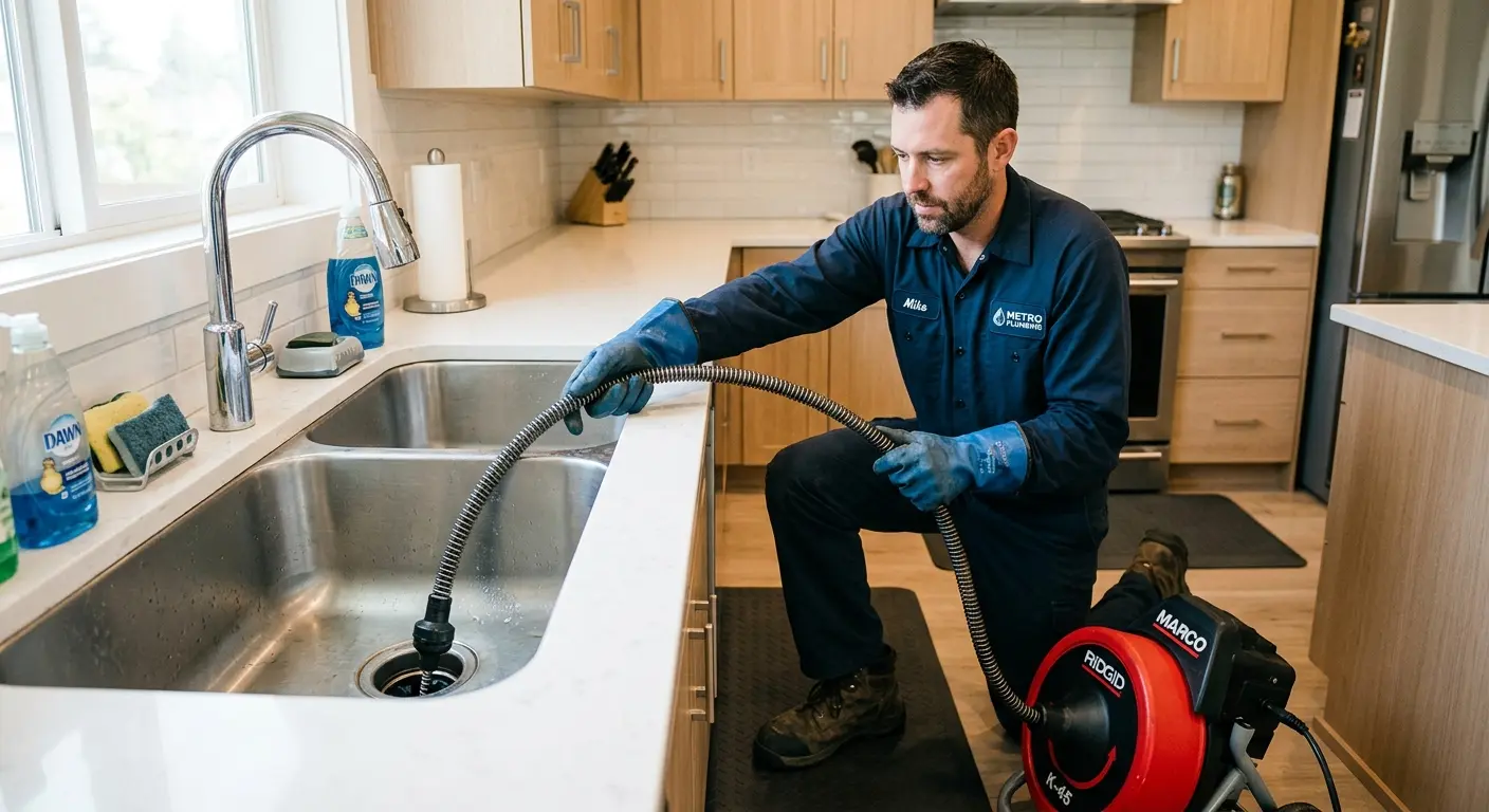 Drain cleaning technician using a motorized snake on a kitchen sink in South Pasadena