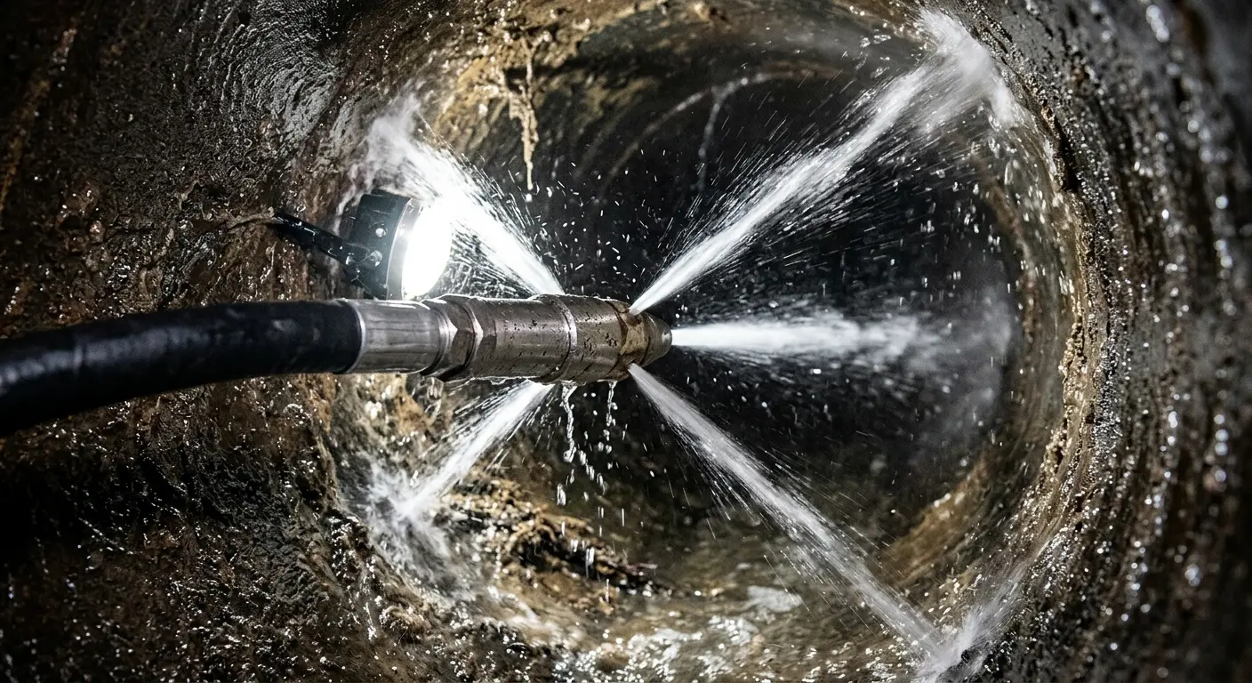 High-pressure hydro jetting nozzle cleaning sewer pipe for Storm Drain Cleaning in South Pasadena