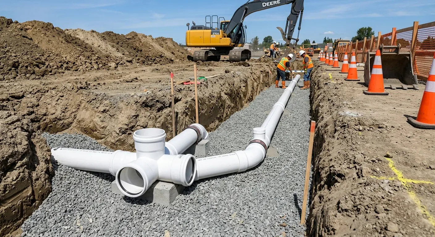 New PVC sewer pipe installation in open trench for Sewer Backup in South Pasadena