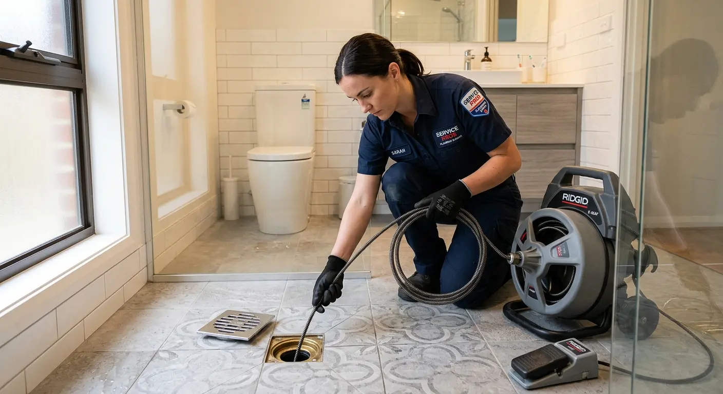 Technician clearing a bathroom floor drain for Drain Cleaning in South Pasadena